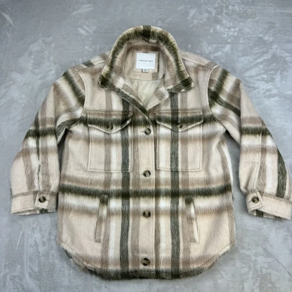 Y2k‎ American Eagle Brushed Plaid Oversized Shacket Shaggy Jacket Size Medium M